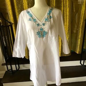Beach cover-up white turquoise sequin detail top